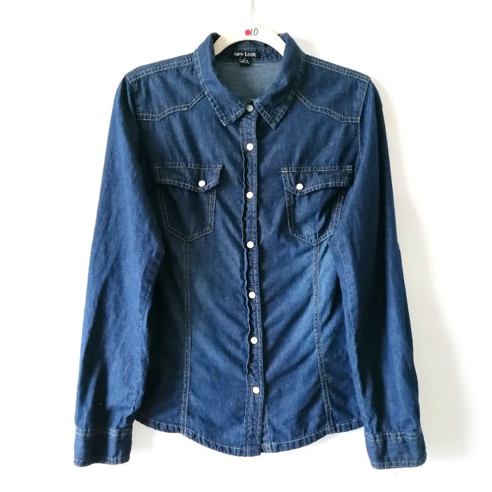 New Look Womens Blue Roll Tab Sleeve Dual Pockets Denim Snap Front Shirt Size L